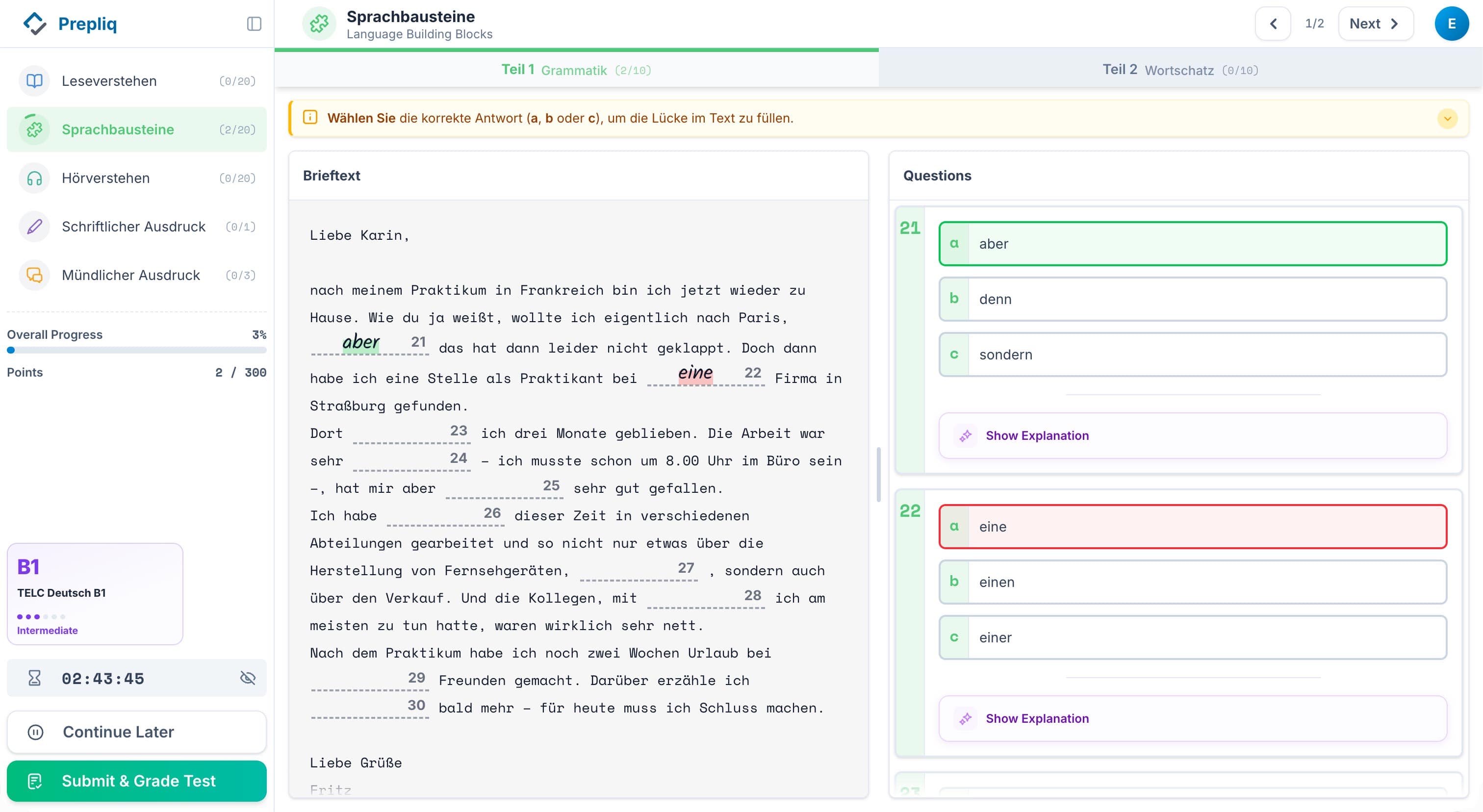 Vorbereitung auf die Goethe-Zertifikat B2 Prüfung mit Online-Modelltests auf Prepliq